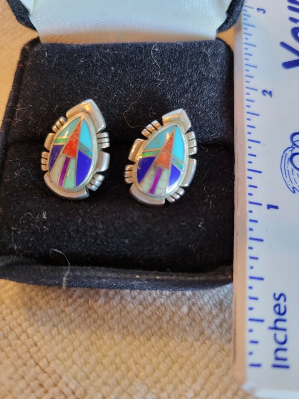Native American Indian Multi Gemstone Inlay Earrings in Sterling Silver
